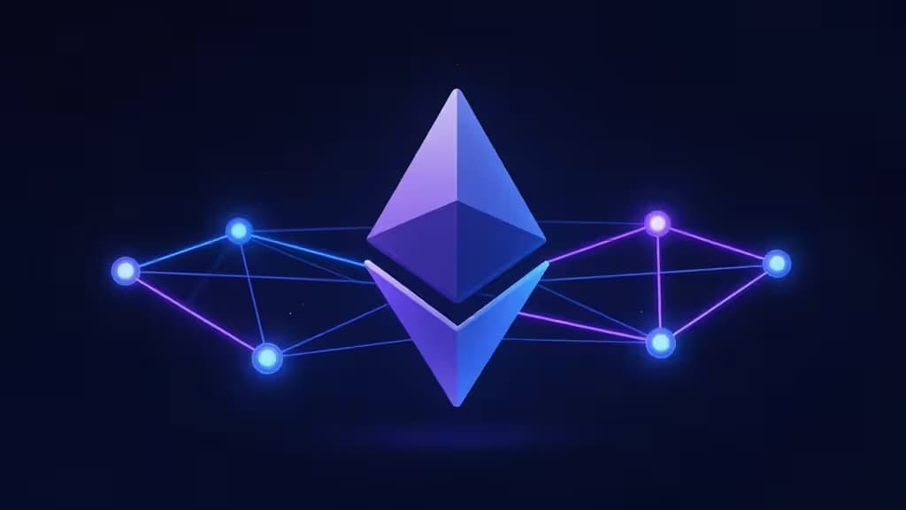 Glowing Ethereum diamond logo connects to blue and purple network nodes on dark background, symbolizing Layer 2 crypto wallet integration.
