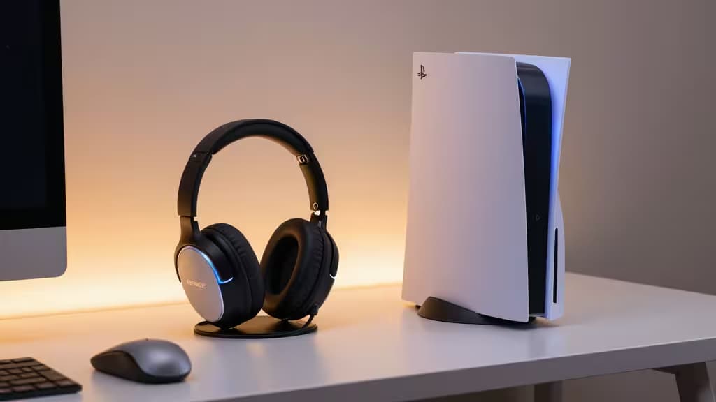 Black gaming headset with blue LED accents sits beside white PS5 console on minimalist desk.
