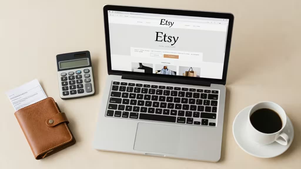 Laptop displaying Etsy, calculator, wallet, and coffee on minimalist desk.
