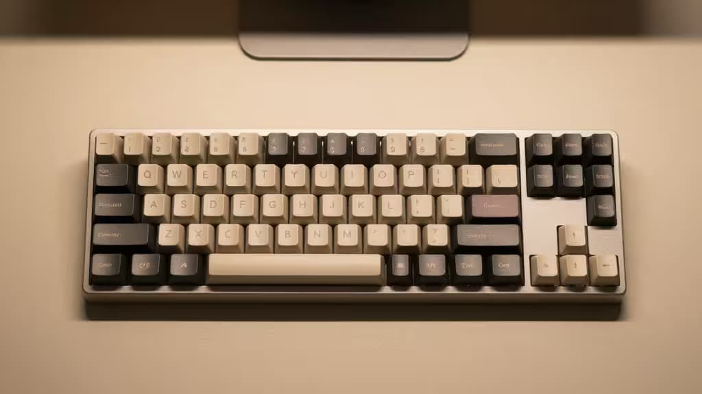 Split Alice-layout mechanical keyboard with beige and grey keycaps rests on a minimalist desk.