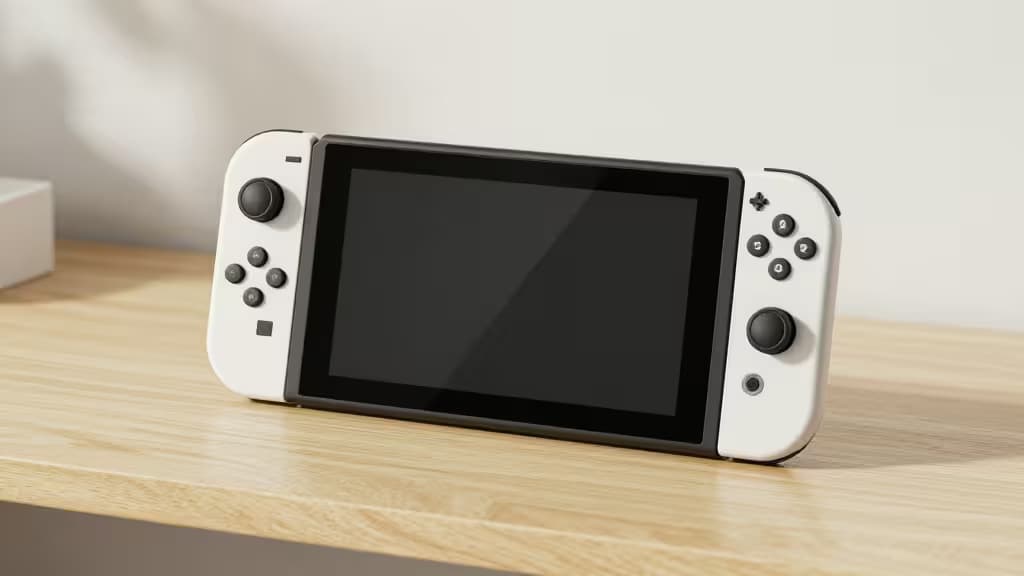 Console Nintendo Switch conectado a um monitor portátil fino sobre uma mesa de madeira clara, com iluminação natural suave