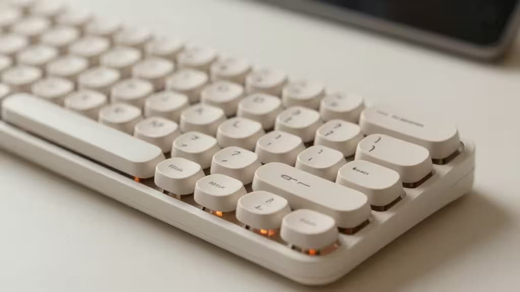 A white Alice-layout keyboard with split key columns and orange backlighting sits on a clean desk surface.