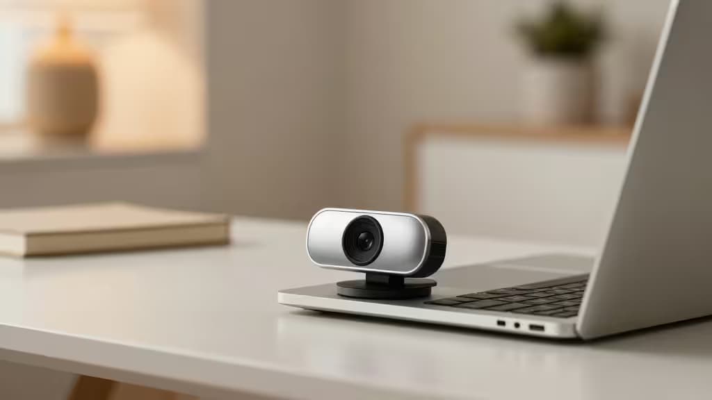 A sleek silver webcam sits atop a laptop on a minimalist white desk, surrounded by soft natural light and blurred home office decor.