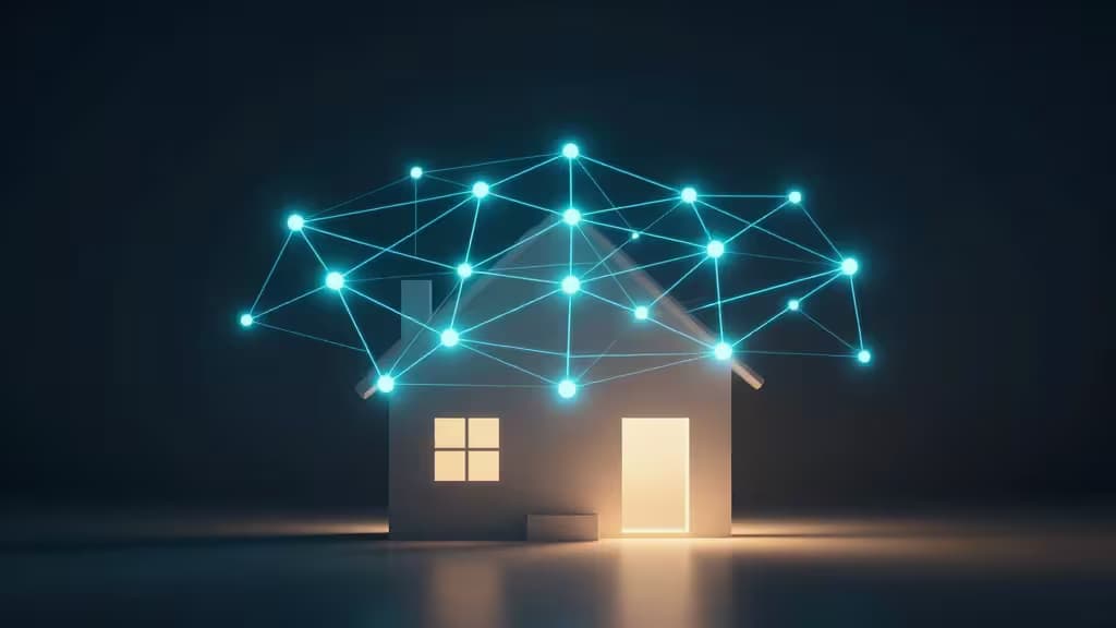 Abstract illustration of a smart home Thread mesh network with glowing interconnected nodes forming a web across a minimalist house silhouette in blue and teal tones