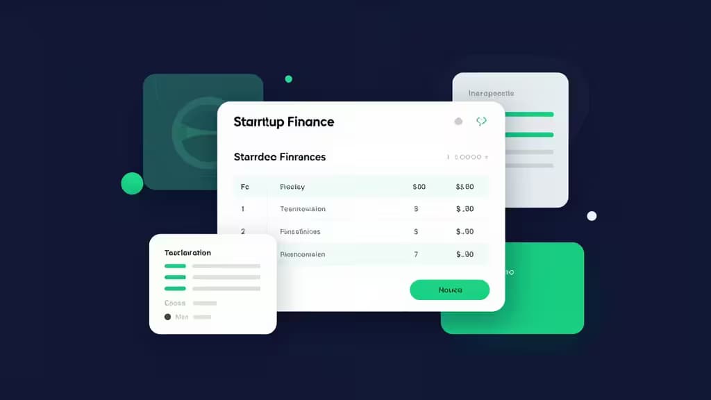 Floating white fintech dashboards display startup finance data against a dark blue background with green accents.