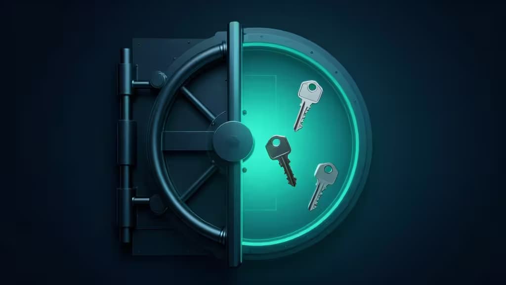 Abstract digital vault concept with three glowing key shapes in navy and teal tones, representing a comparison of password managers