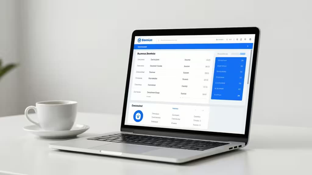 Silver laptop displays business banking dashboard beside white ceramic coffee cup on minimalist white desk.
