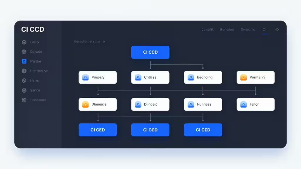 Dark UI dashboard displays CI/CD workflow nodes with blue and orange icons.