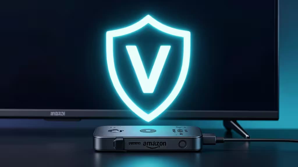 Glowing blue VPN shield hovers above an Amazon Fire TV Stick connected to a dark TV screen.