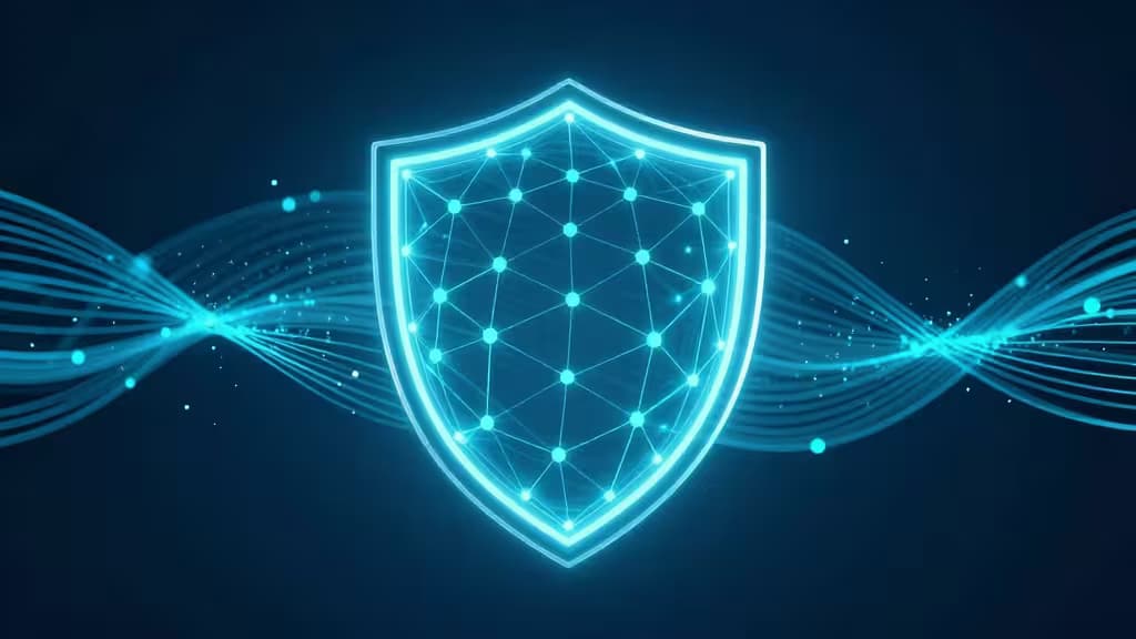 Abstract glowing digital shield made of network nodes blocking dark particles representing ads and trackers, in deep blue and teal tones.