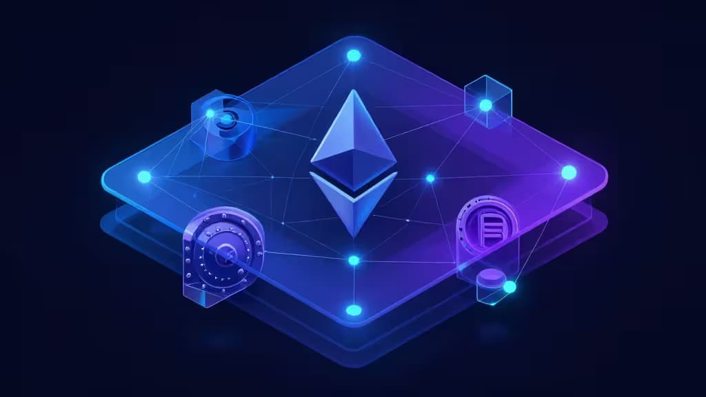 Glowing Ethereum logo on translucent blue-purple platform, surrounded by security vaults and data nodes, symbolizing secure Layer 2 crypto wallets.
