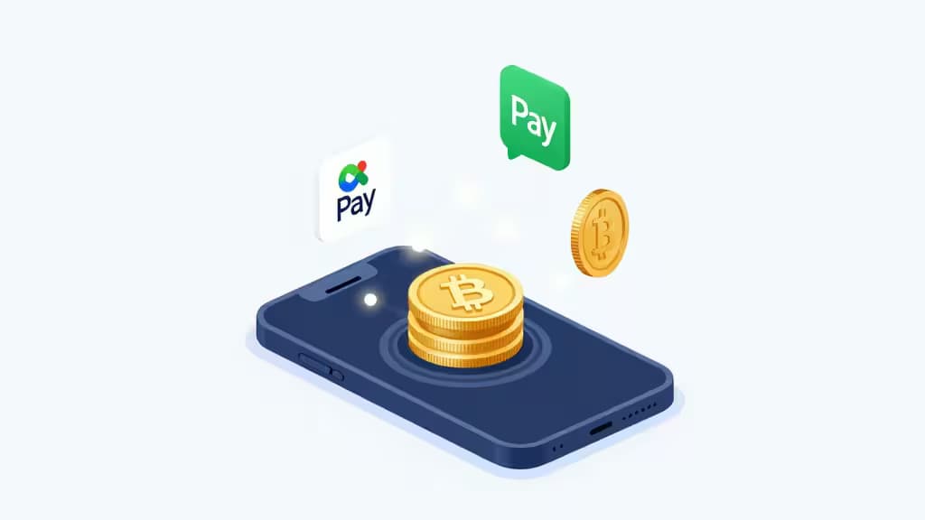 Smartphone bleu affichant des pièces Bitcoin dorées empilées, avec les logos Apple Pay et Google Pay flottant au-dessus, symbolisant l'achat de crypto via portefeuilles mobiles.