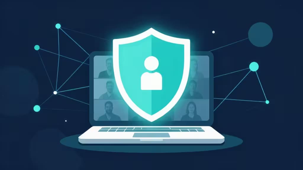 Laptop screen shows video call with shield icon, symbolizing secure VPN for French users.