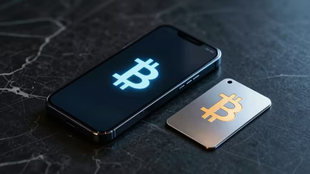 Un smartphone et une carte métallique avec des symboles Bitcoin lumineux reposent sur du marbre sombre, symbolisant le stockage sécurisé de cryptomonnaies.