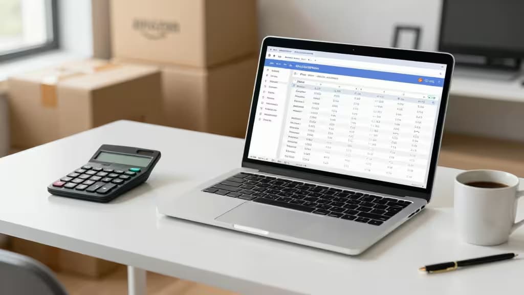 Un laptop che mostra un software di contabilità su una scrivania bianca accanto a una calcolatrice e una tazza di caffè.