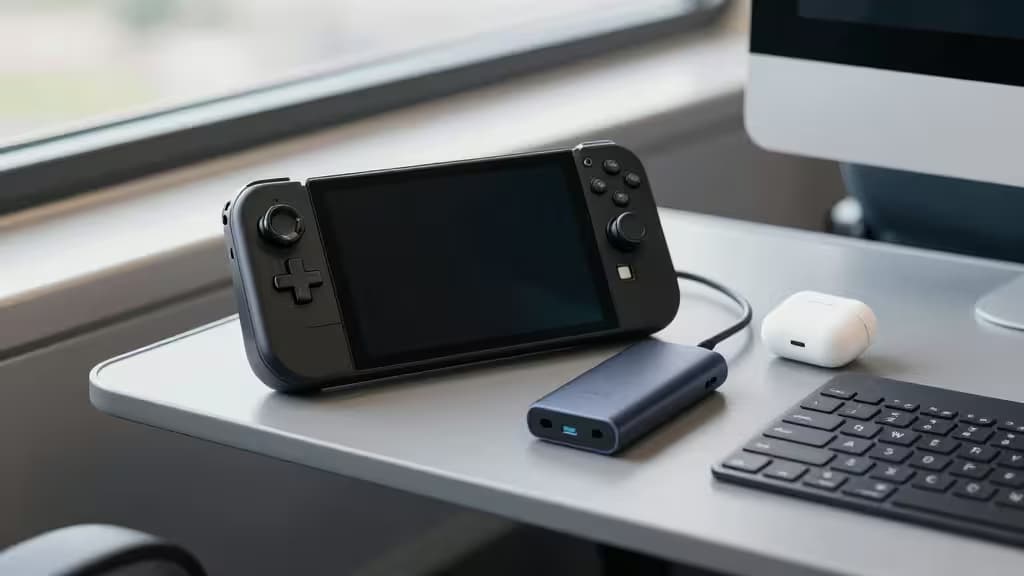 Black Steam Deck rests on sleek desk beside power bank, AirPods, and keyboard.