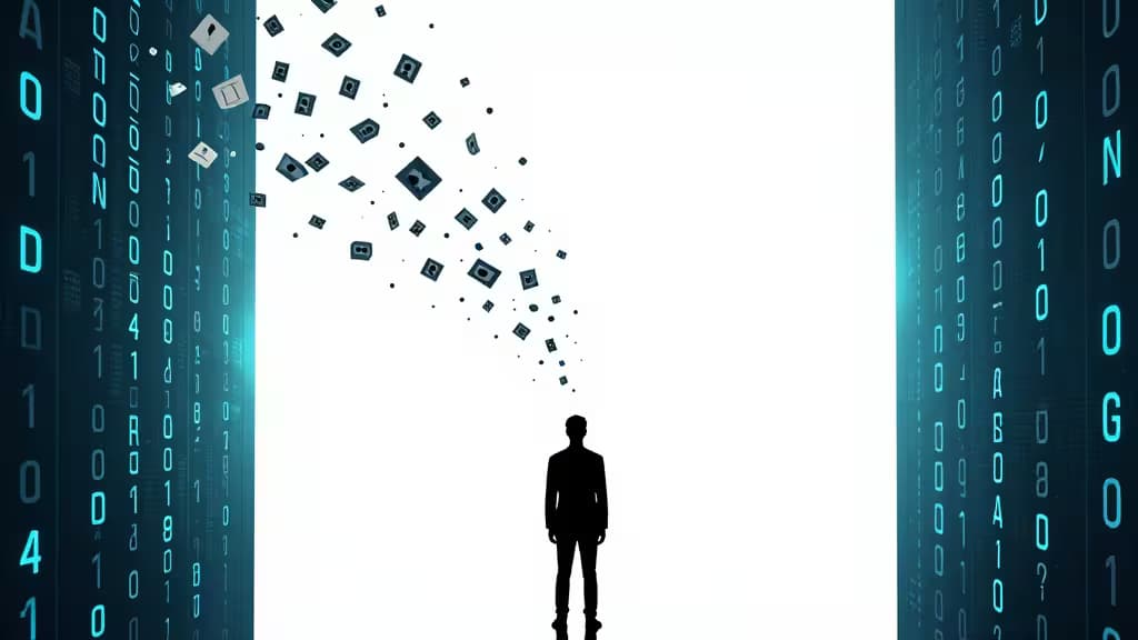 Silhouette of man between binary code walls, with data fragments dissolving into light.