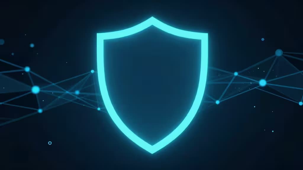 Abstract digital security illustration showing a glowing shield over a dark network background with data streams in blue and teal tones