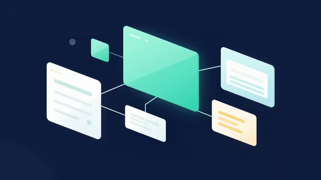 Isometric teal and white UI panels float in dark space, connected by thin lines, evoking abstract developer infrastructure and service catalogs.