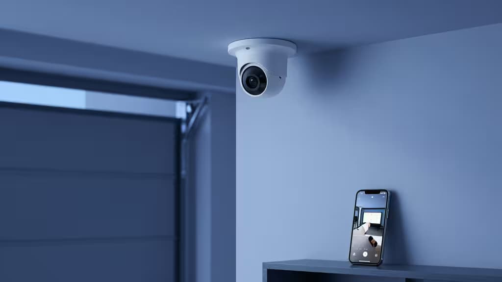 A white dome security camera mounts near a garage door, its live feed displayed on a smartphone resting on a shelf below.