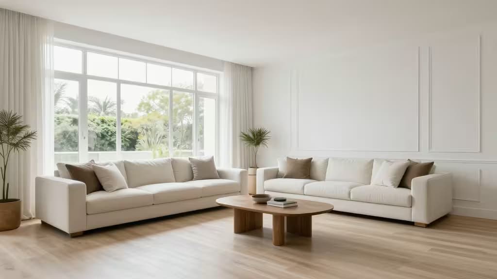 Sala de estar ampla e vazia com piso de madeira clara, paredes brancas e grandes janelas com luz natural entrando, pronta para receber decoração virtual.