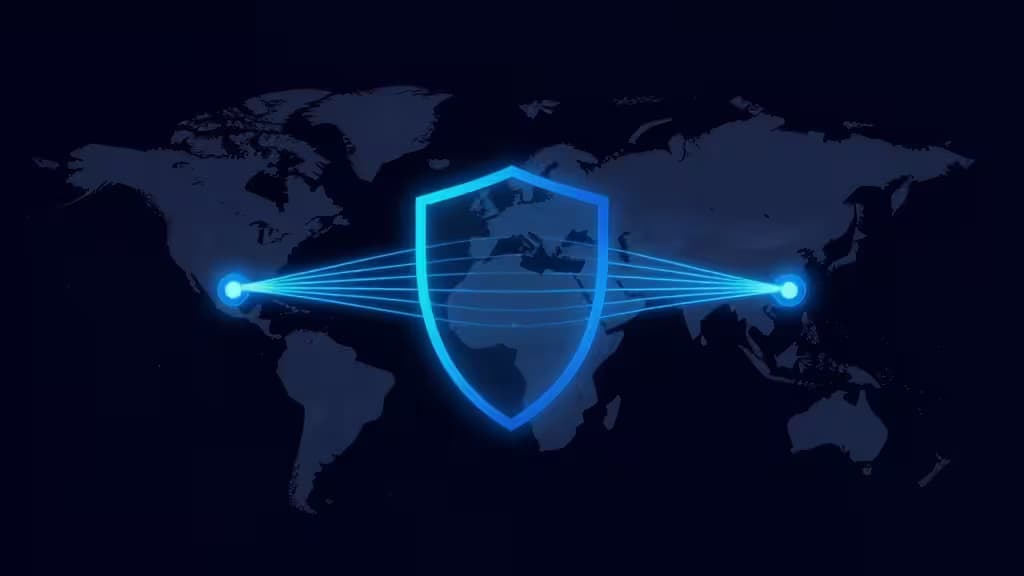 Glowing blue shield protects data tunnel between two points on a dark world map, symbolizing secure, self-hosted VPN bypassing state age verification laws.