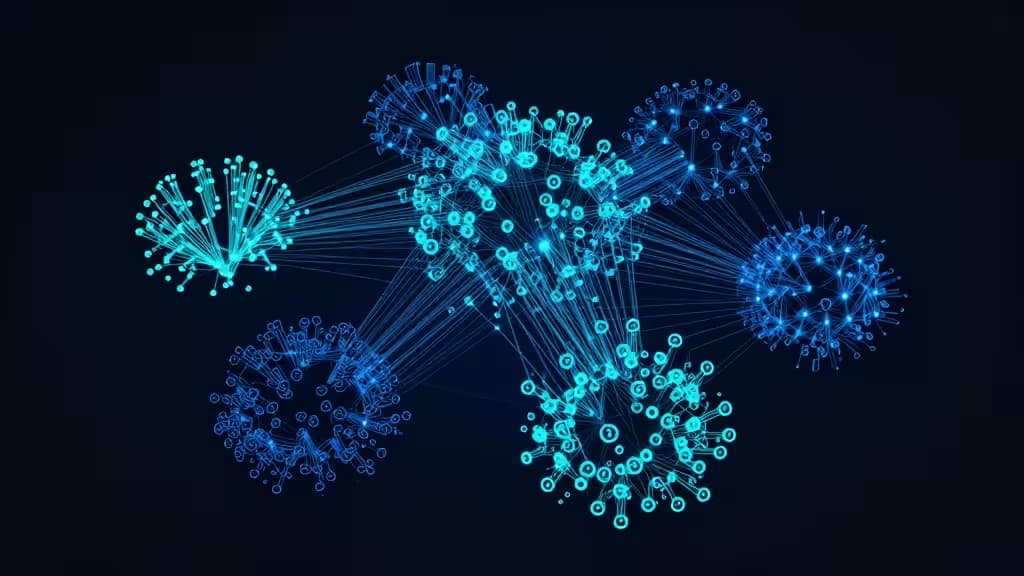 Glowing blue network nodes connect across dark space, symbolizing scalable vector database architecture for efficient RAG systems.