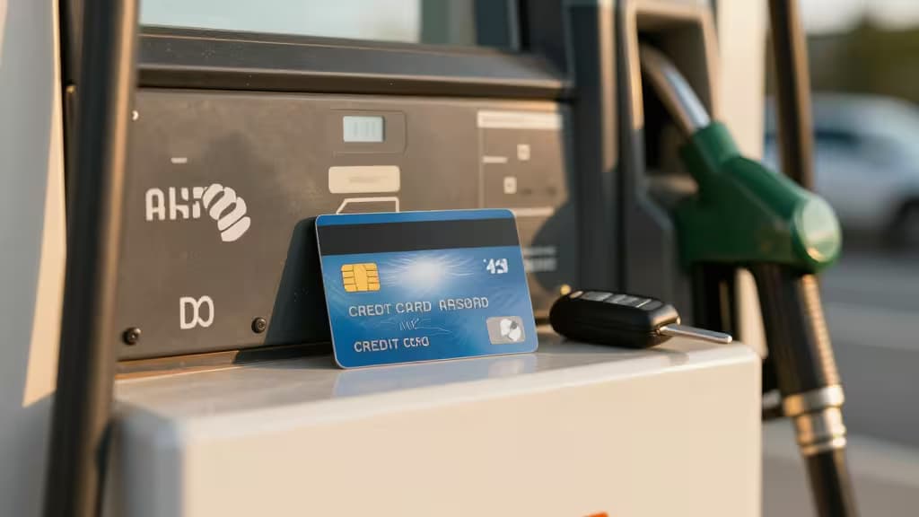 A blue credit card rests on a gas pump next to a car key fob.