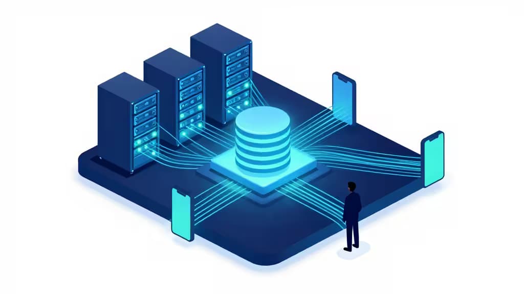 Abstrakte Illustration einer mobilen Backend-Infrastruktur: leuchtende Server- und Datenbankknoten, verbunden durch Datenströme mit Smartphone-Silhouetten, in blau-türkis Farbtönen