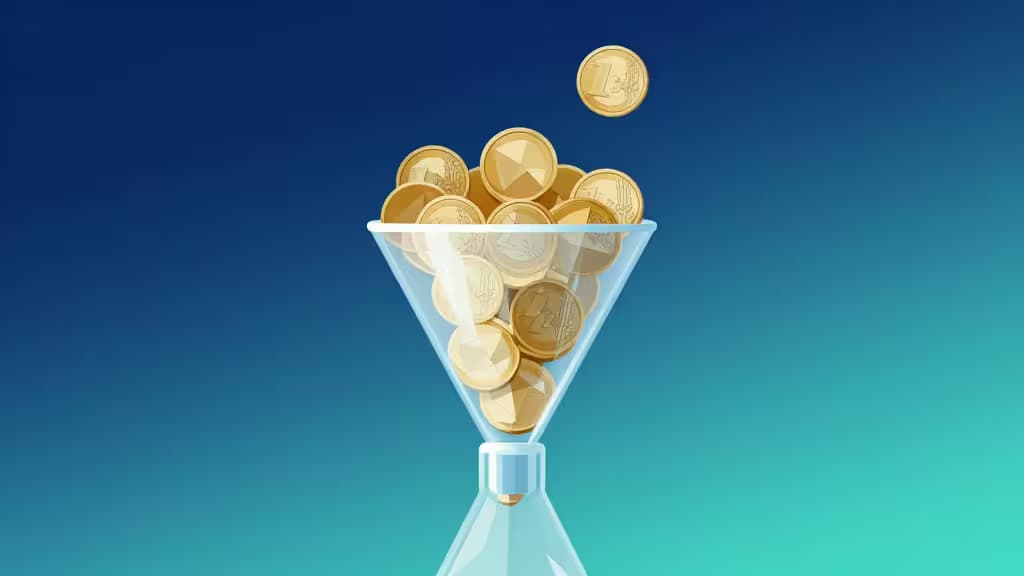 Golden euro coins pour through a transparent glass funnel against a blue-to-teal gradient background.
