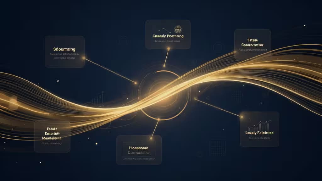 Visualisation abstraite d'un tableau de bord de planification financière familiale avec des flux de données dorés reliant plusieurs comptes de patrimoine.