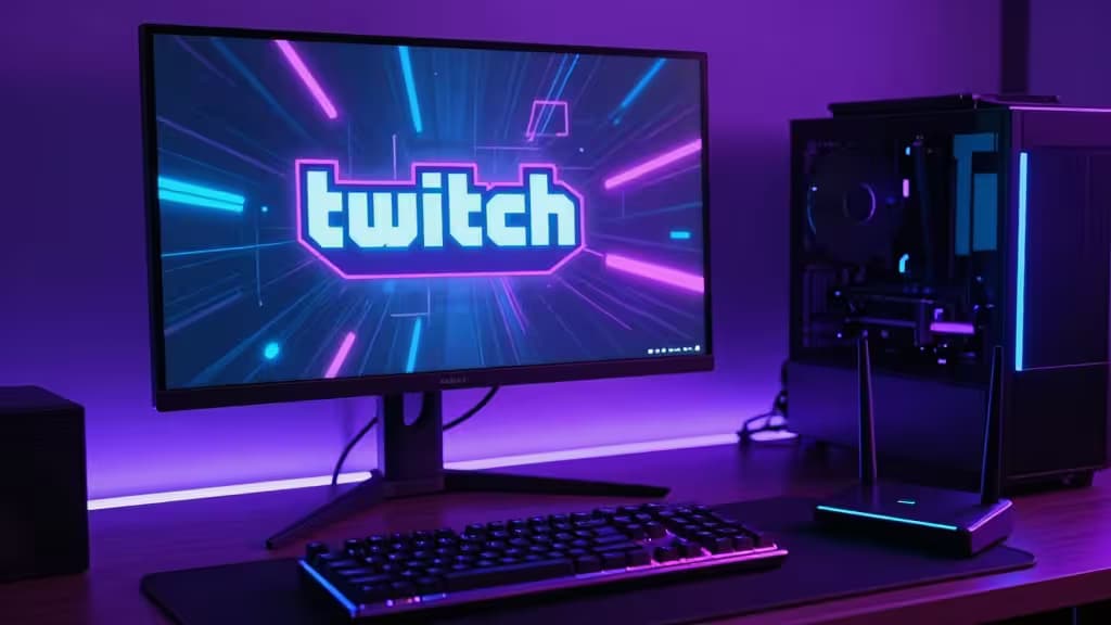 Gaming desk with Twitch logo on monitor, RGB-lit keyboard, and PC tower under purple ambient lighting.