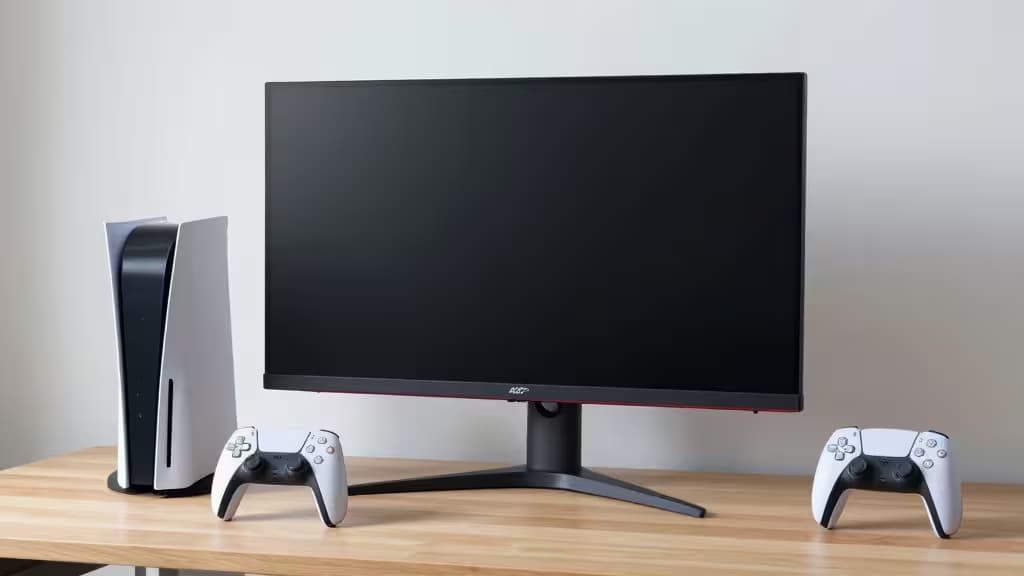 Monitor 4K da gaming su scrivania in legno con controller PS5, illuminazione naturale soffusa