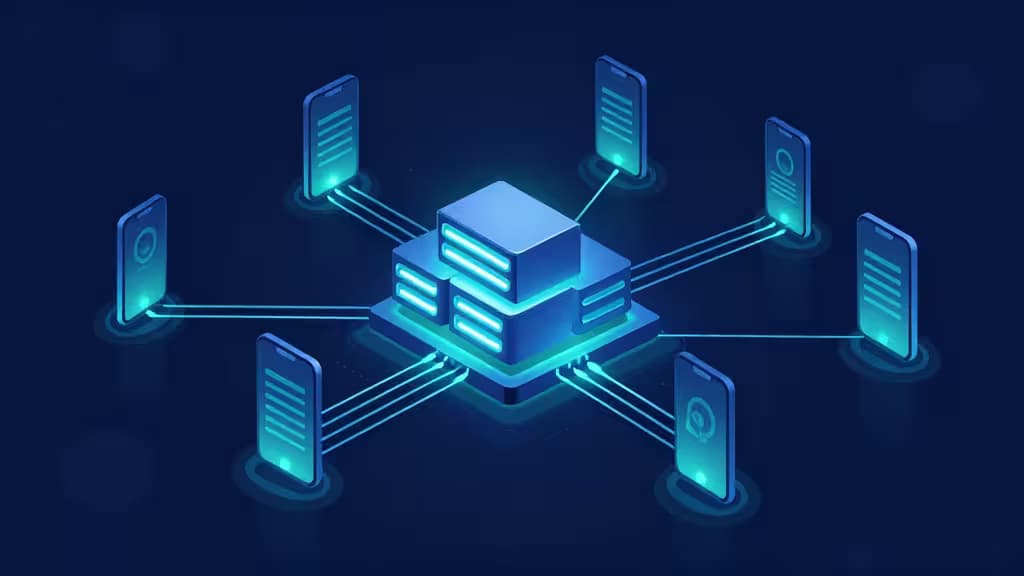 Illustration abstraite d'une infrastructure backend mobile : nœuds serveurs lumineux reliés par des flux de données à des silhouettes de smartphones, palette bleu profond et turquoise.