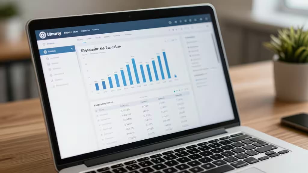 Laptop displays crypto tax dashboard with bar charts and transaction data on wooden desk.
