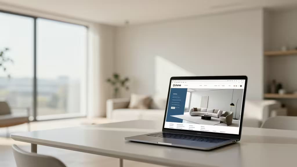 Heldere, moderne woonkamer met zacht natuurlijk licht en een laptop op een bureau waarop een vastgoedlisting met virtuele meubels wordt getoond.