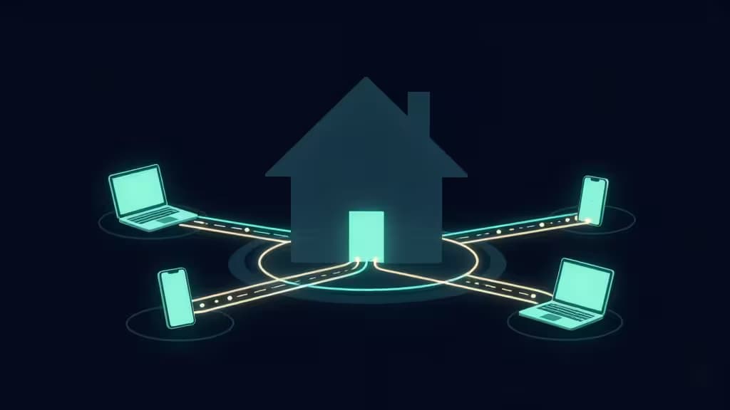 Abstract illustration of a secure home network connected to remote devices via glowing encrypted tunnel lines on a dark navy background.