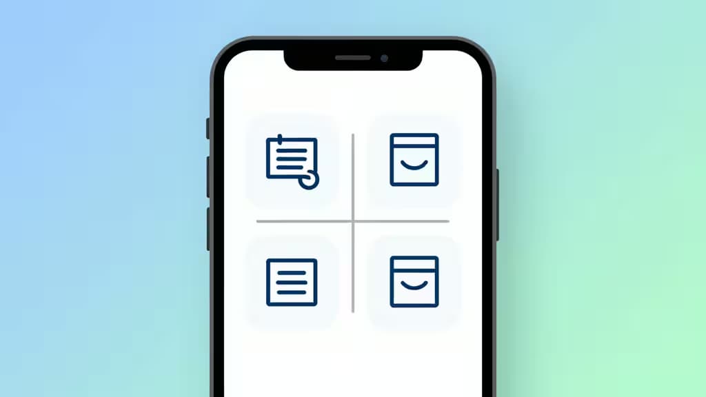 Black smartphone displays four fintech icons on a white screen against a blue-green gradient background.