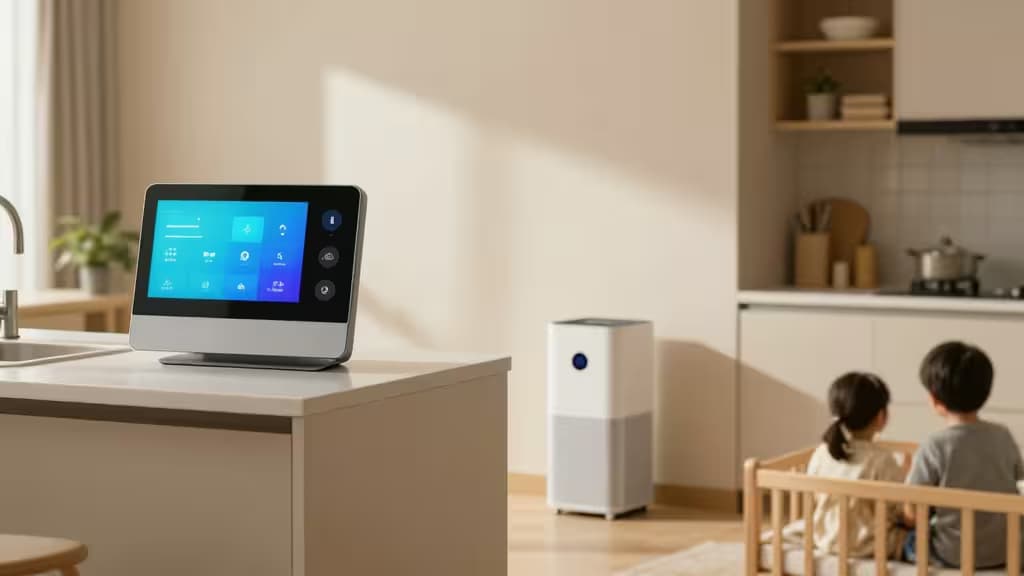 A smart display and air purifier sit in a sunlit kitchen as two children play nearby, illustrating family-friendly home automation.
