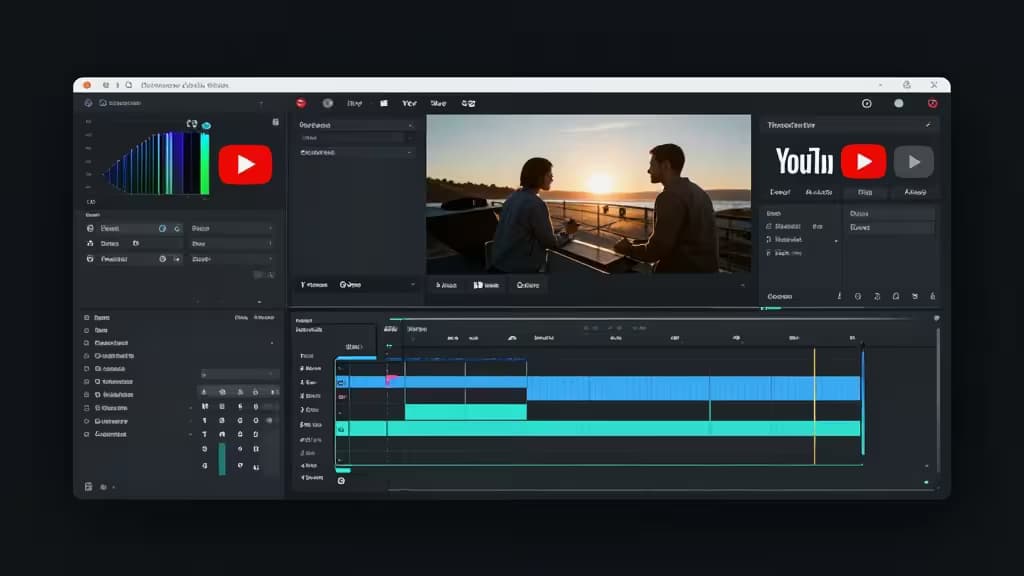 Dark UI displays AI-enhanced video timeline with YouTube preview and audio waveform.