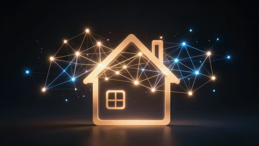 Icona di casa luminosa circondata da nodi e linee interconnesse, a simboleggiare una rete mesh per la smart home.