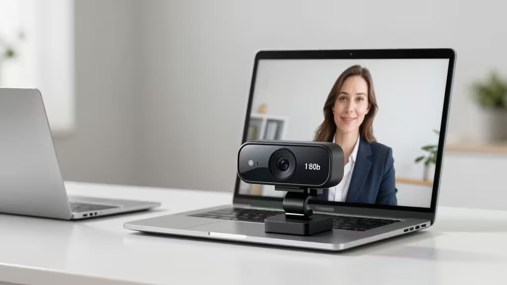 A modern 1080p webcam mounted on a laptop in a minimalist home office with soft studio lighting
