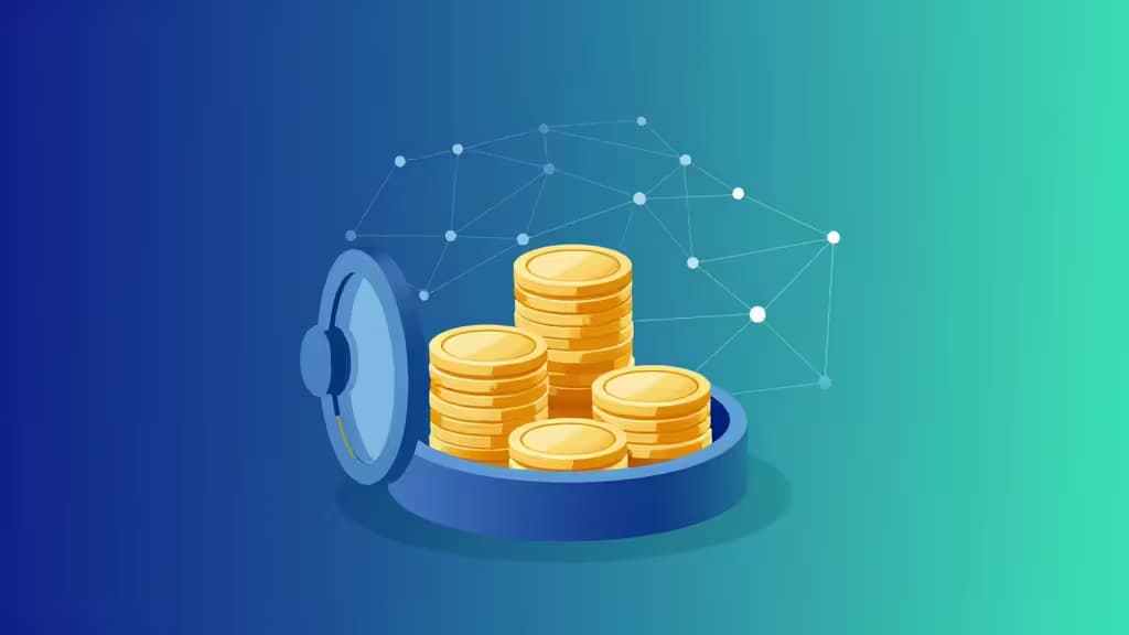 Abstract illustration of golden coins arranged in a minimalist vault with a blockchain network, representing cryptocurrency savings and passive income.