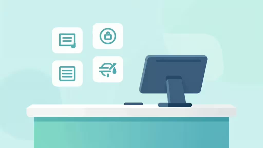 Flat vector illustration of a checkout counter with a monitor and floating payment icons representing BNPL services.