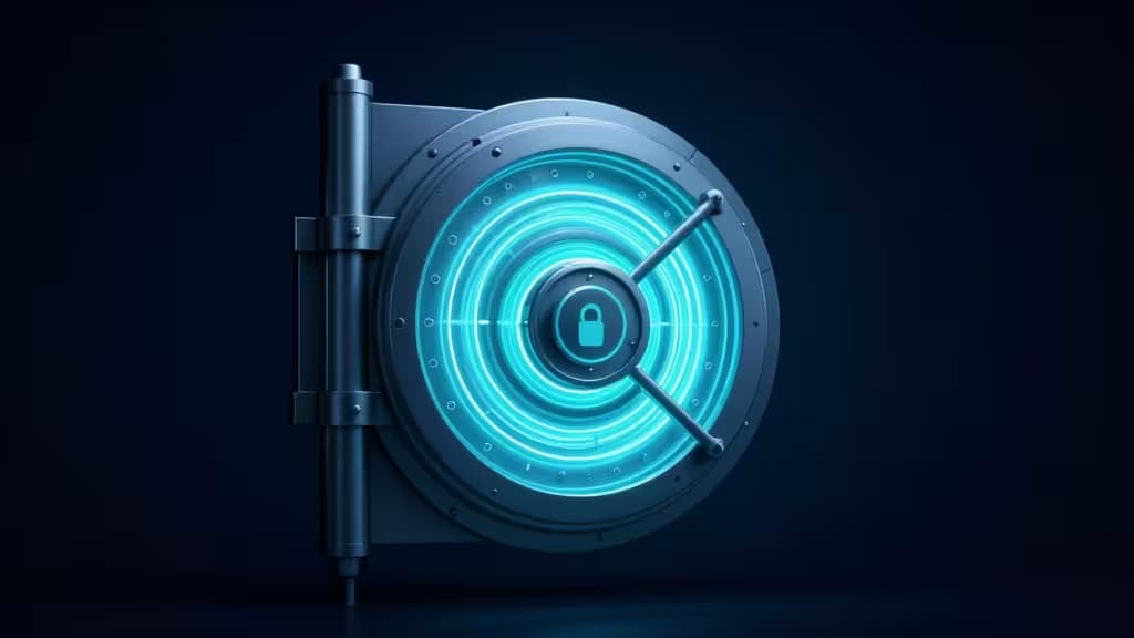 Una puerta de bóveda digital brillante de color azul con anillos de luz concéntricos y un icono de candado central, que simboliza el almacenamiento seguro de contraseñas.