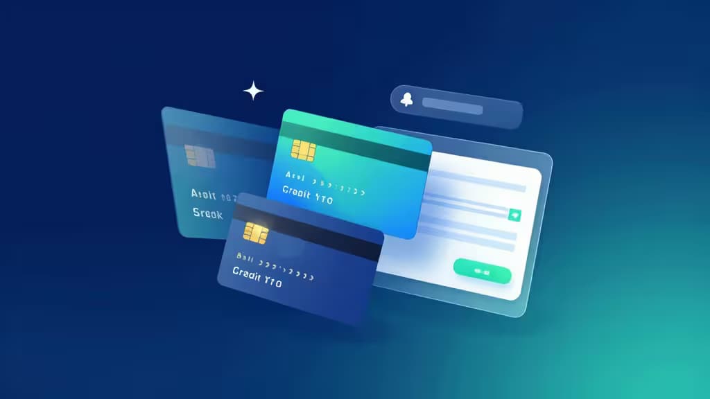 Floating translucent virtual cards and dashboard UI elements float against a gradient blue background, symbolizing modern fintech expense management.