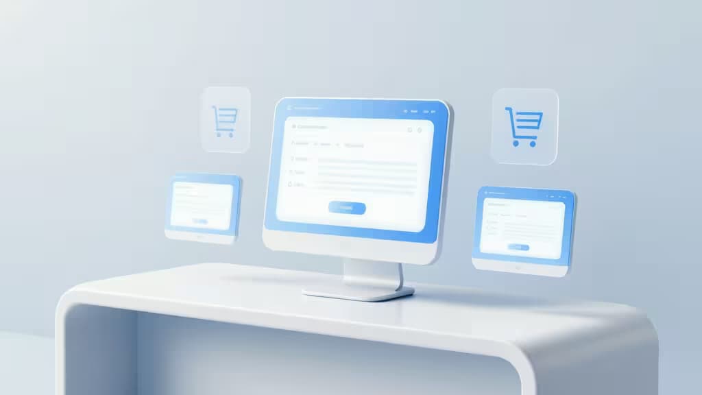 Floating screens with shopping cart icons hover above a sleek white desk.