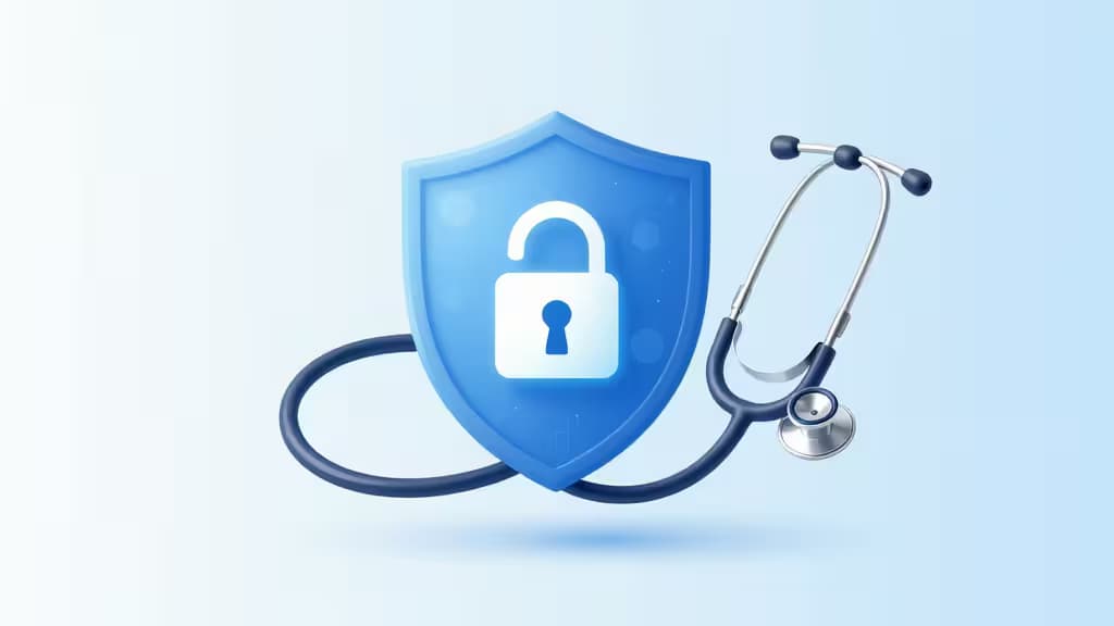 A blue shield with a white padlock icon is wrapped by a stethoscope, symbolizing secure healthcare data management.