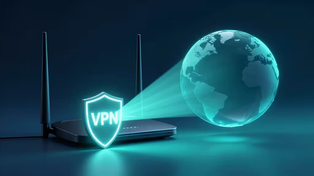 Czarny router emituje świecący promień w kształcie tarczy VPN w kierunku przezroczystej kuli ziemskiej, symbolizując bezpieczne globalne połączenie dla sieci domowych.