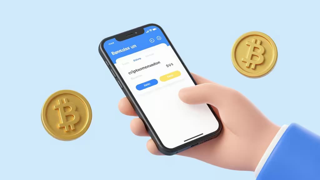 Hand holding smartphone displaying crypto app interface with floating Bitcoin coins.